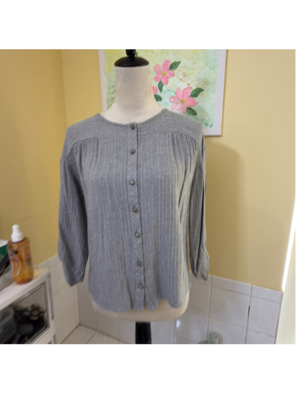 Women's E-Mees Grey Silver Striped Button-Down Blouse Size 6